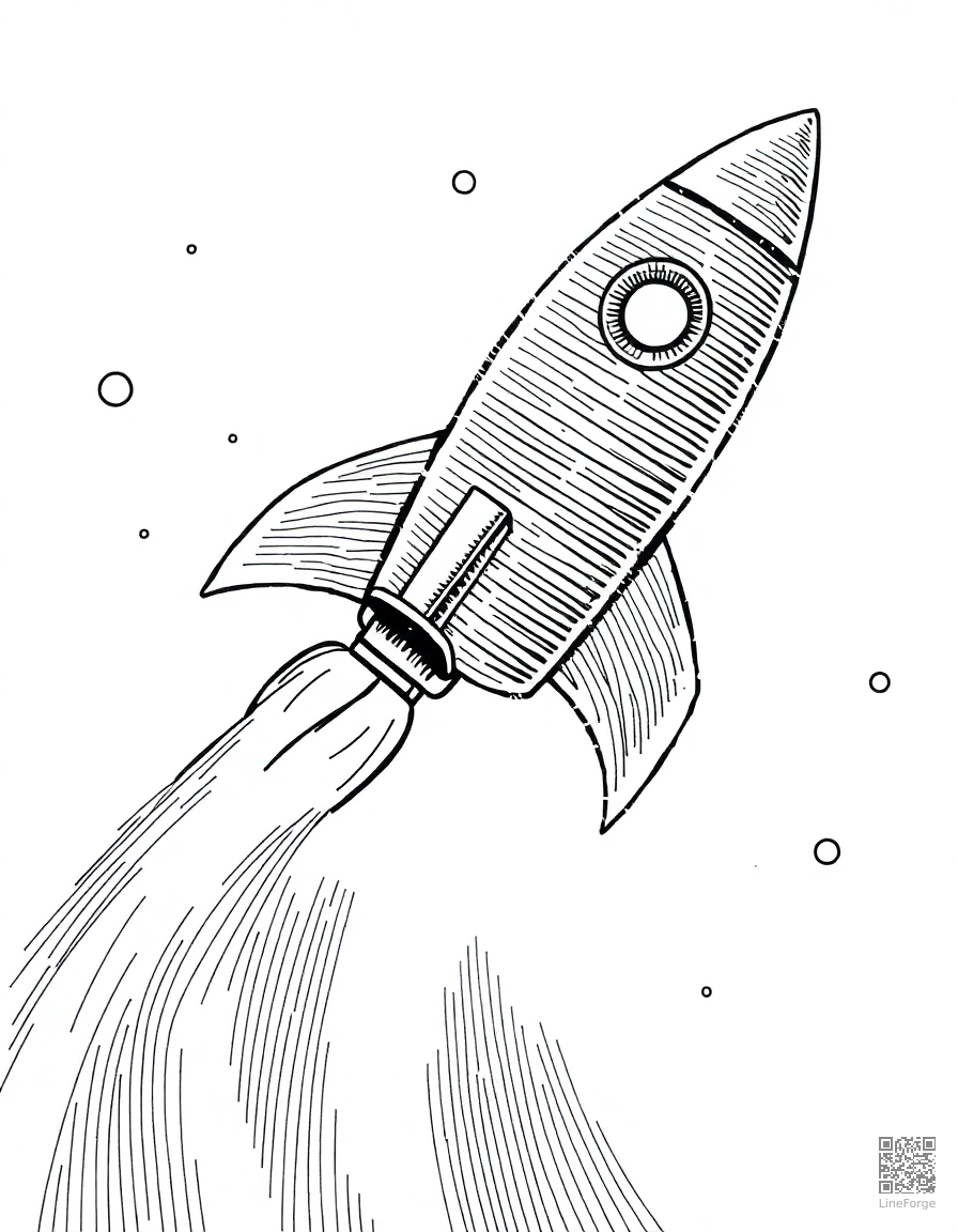 Free rocket ship blasting off into space coloring page in crosshatch style — printable line art