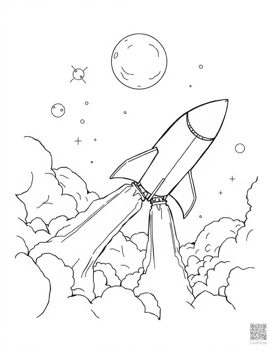 Free rocket ship blasting off into space coloring page in manga style — printable line art