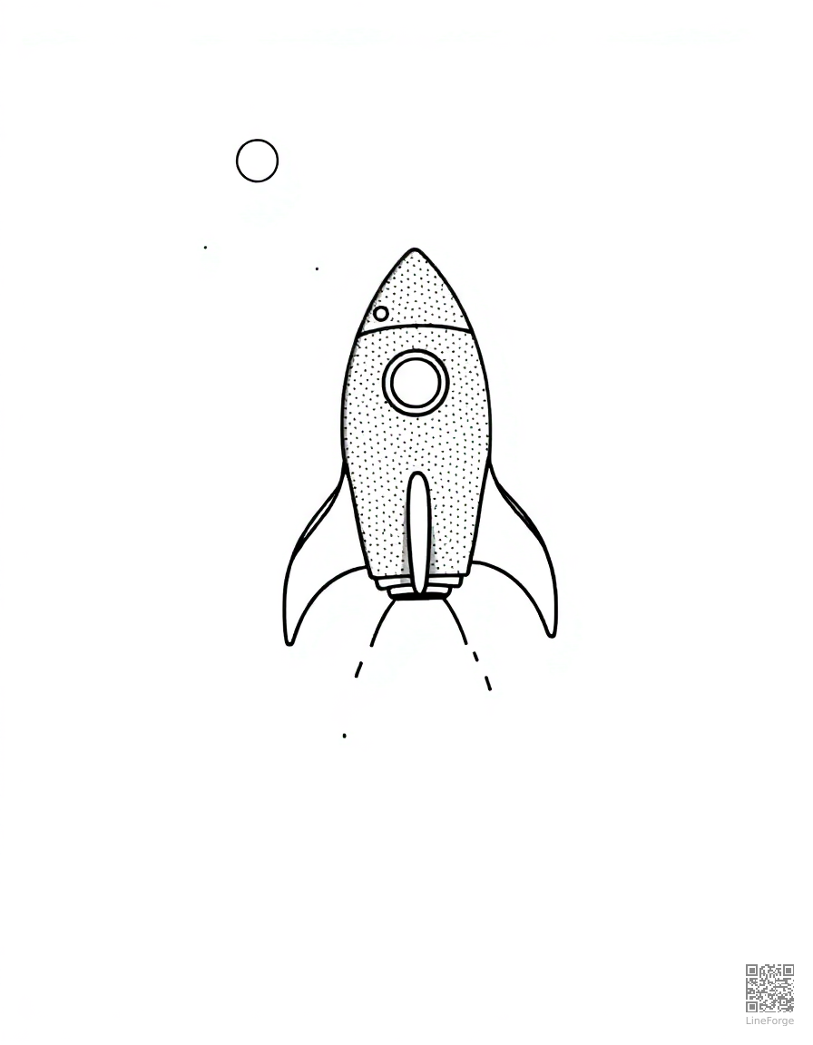 Free rocket ship blasting off into space coloring page in stipple style — printable line art