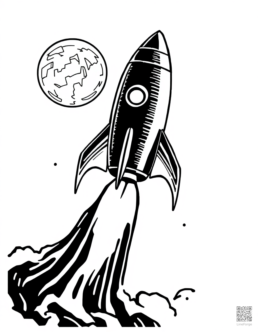Free rocket ship blasting off into space coloring page in woodcut style — printable line art