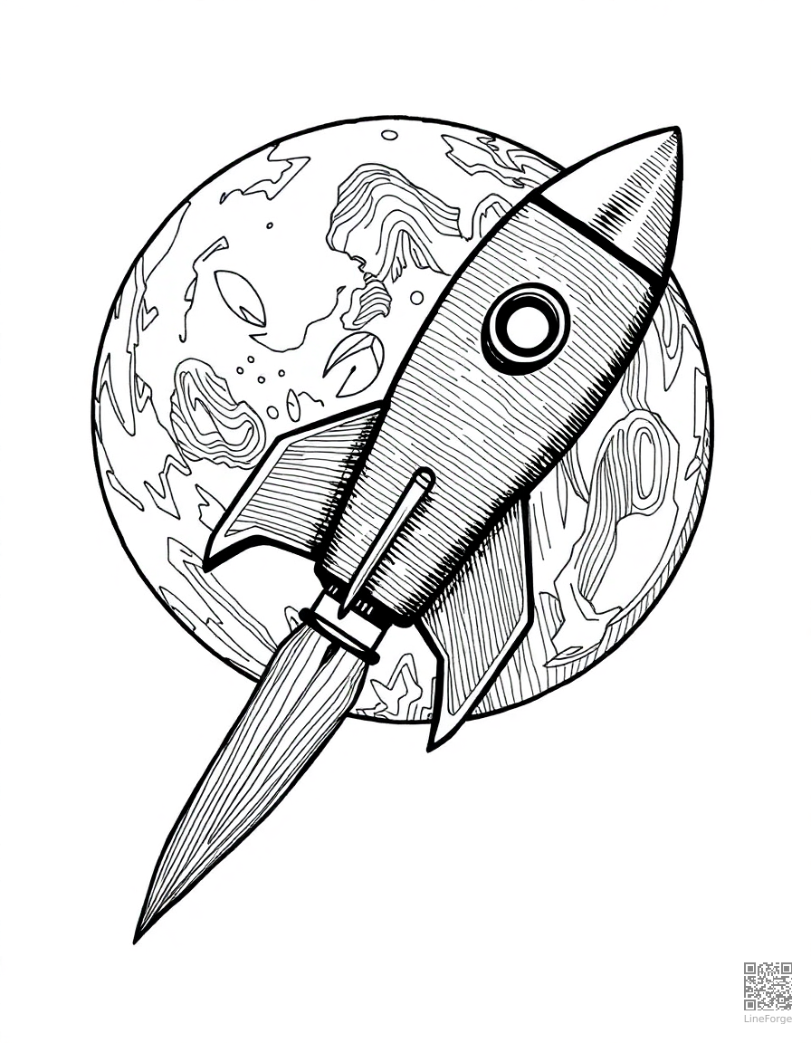 rocket ship landing on the moon coloring page Crosshatch style - free printable
