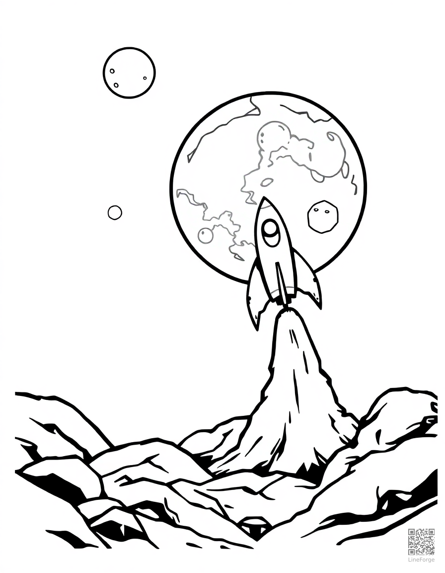 rocket ship landing on the moon coloring page Woodcut style - free printable