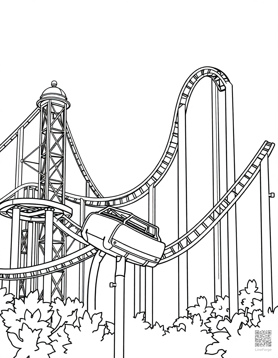 Free roller coaster at an amusement park coloring page in contour style — printable line art