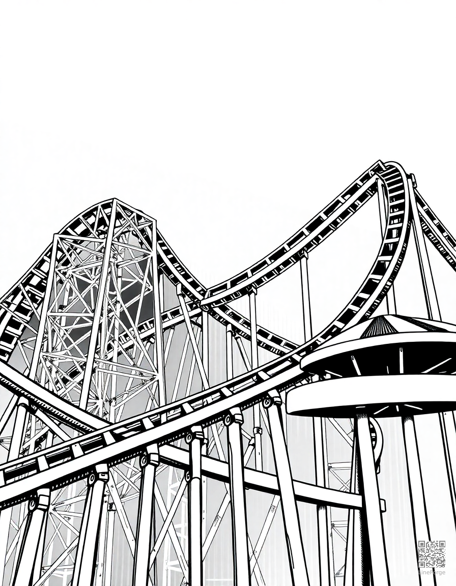 Free roller coaster at an amusement park coloring page in crosshatch style — printable line art