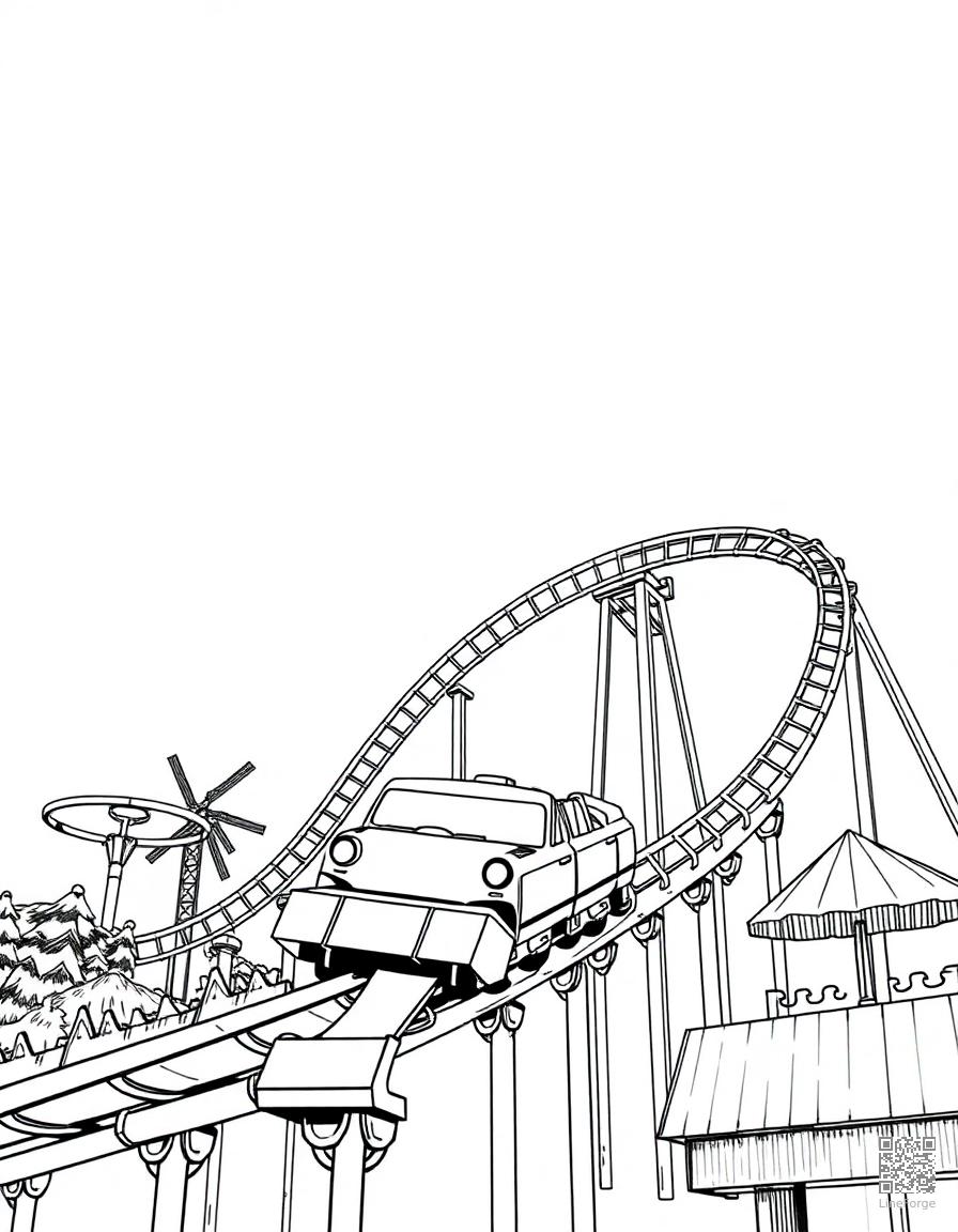 Free roller coaster at an amusement park coloring page in manga style — printable line art
