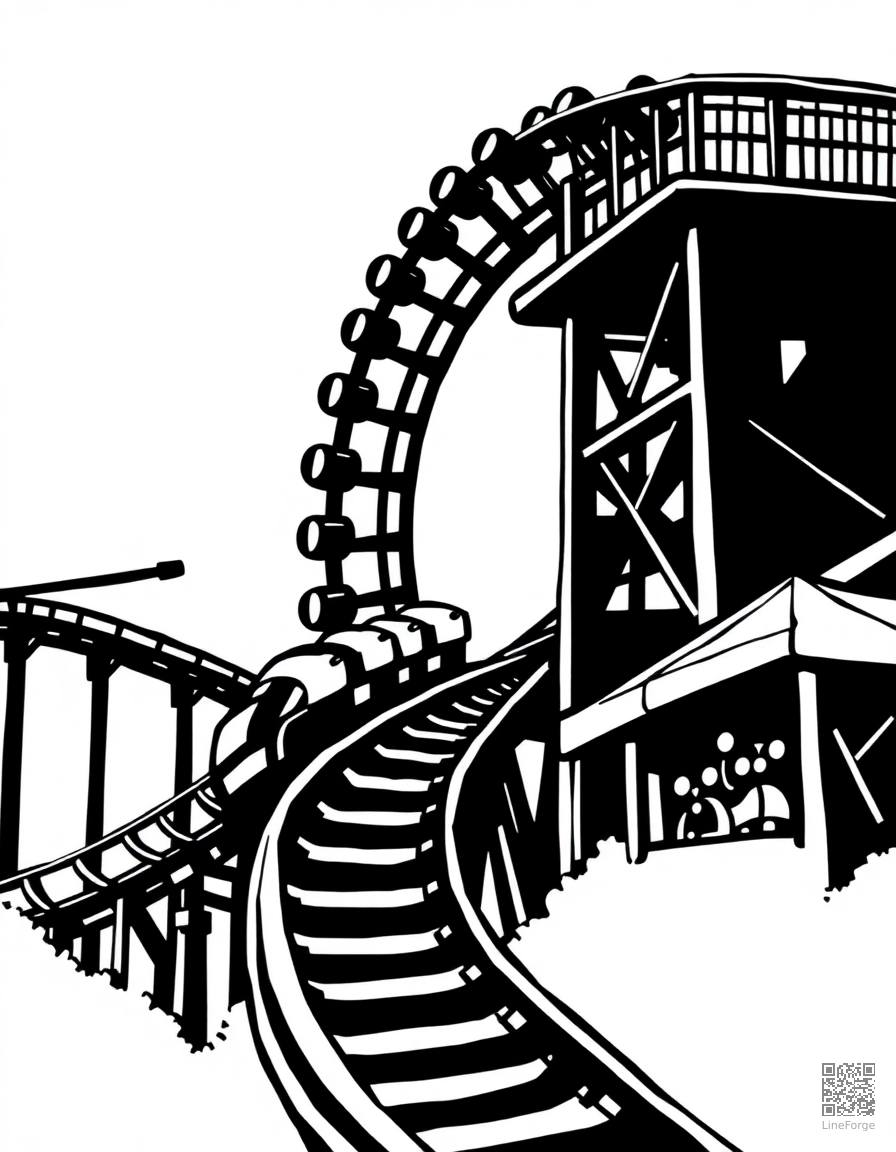 Free roller coaster at an amusement park coloring page in woodcut style — printable line art