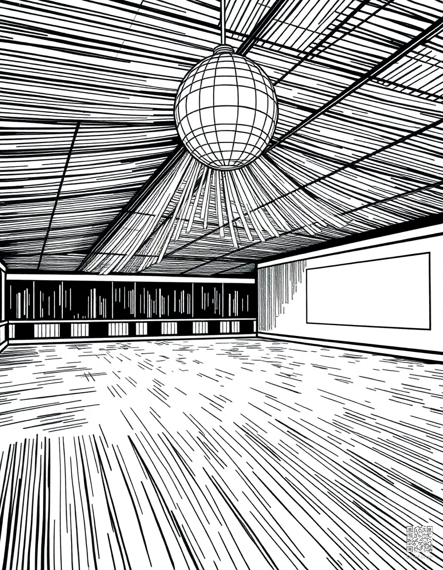 roller skating rink with disco ball coloring page Crosshatch style - free printable