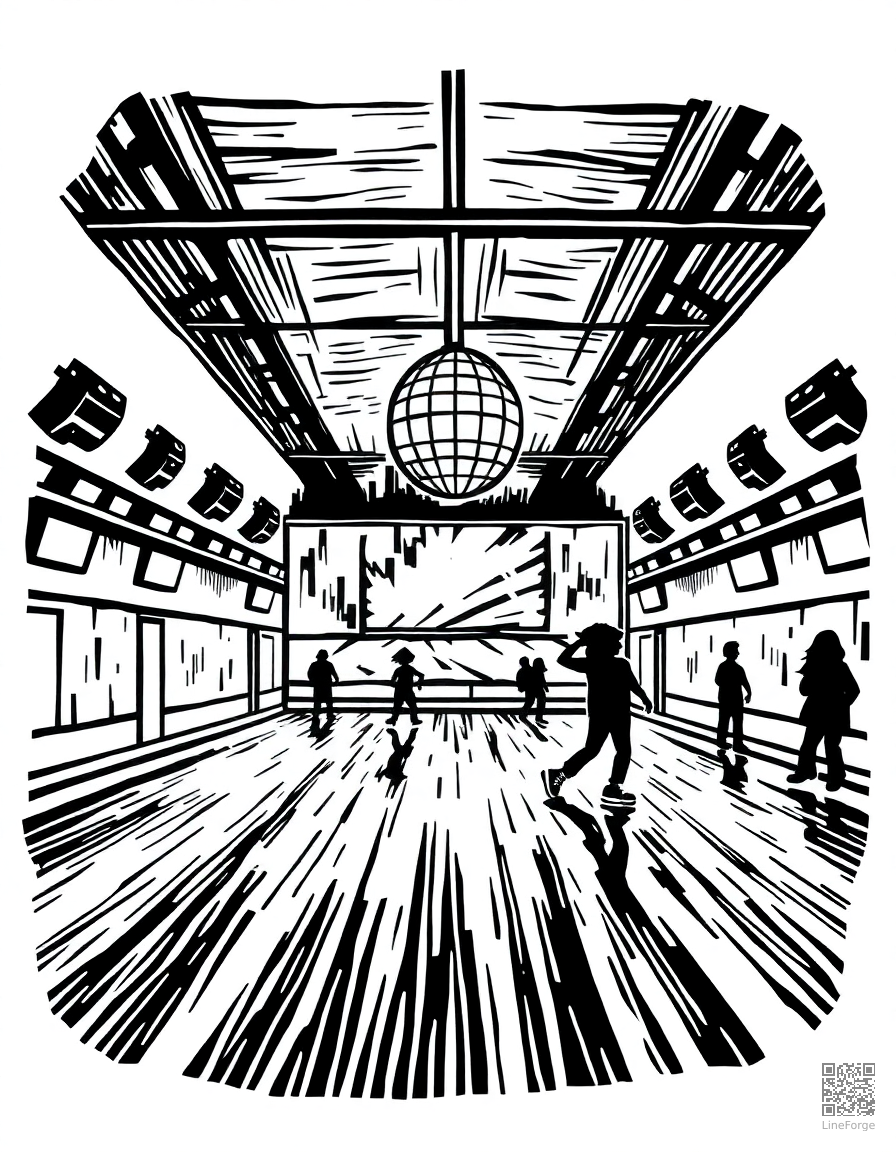 roller skating rink with disco ball coloring page Woodcut style - free printable