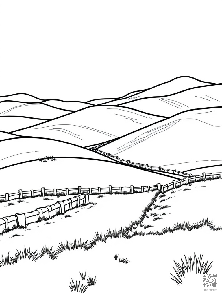 Free rolling countryside hills with stone fences coloring page in contour style — printable line art