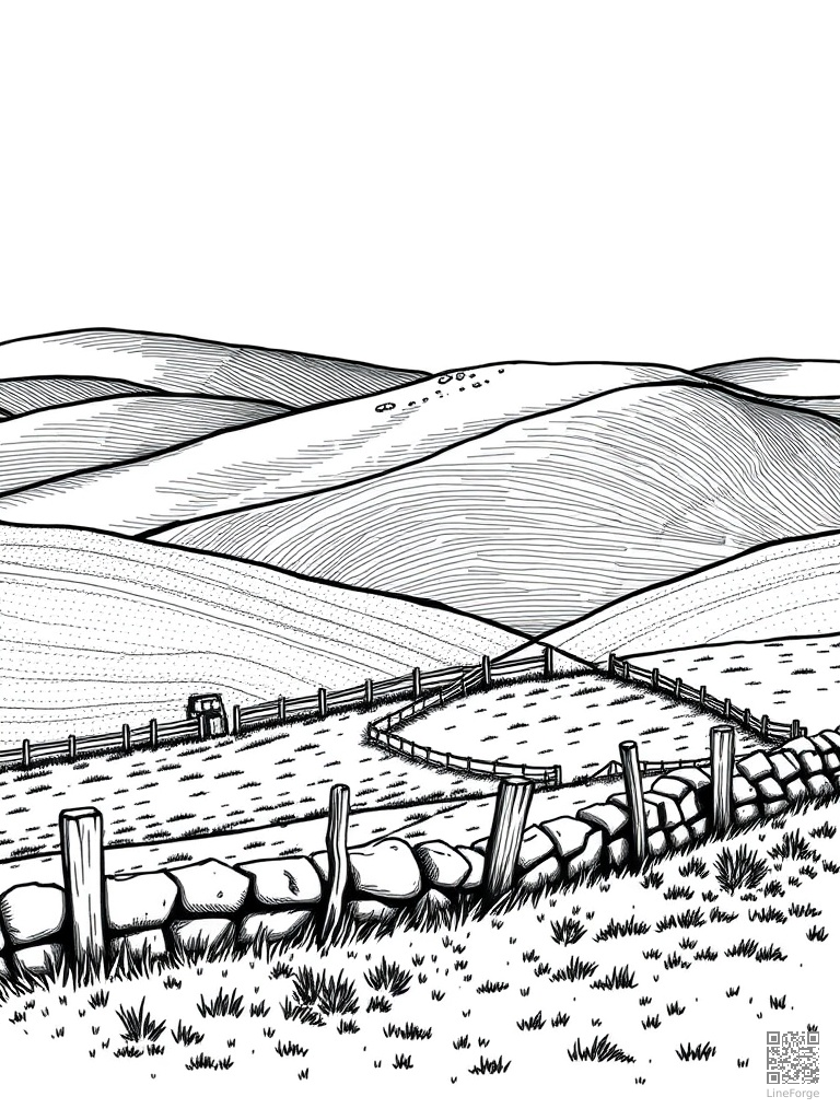 Rolling countryside hills with stone fences coloring page Crosshatch style free printable
