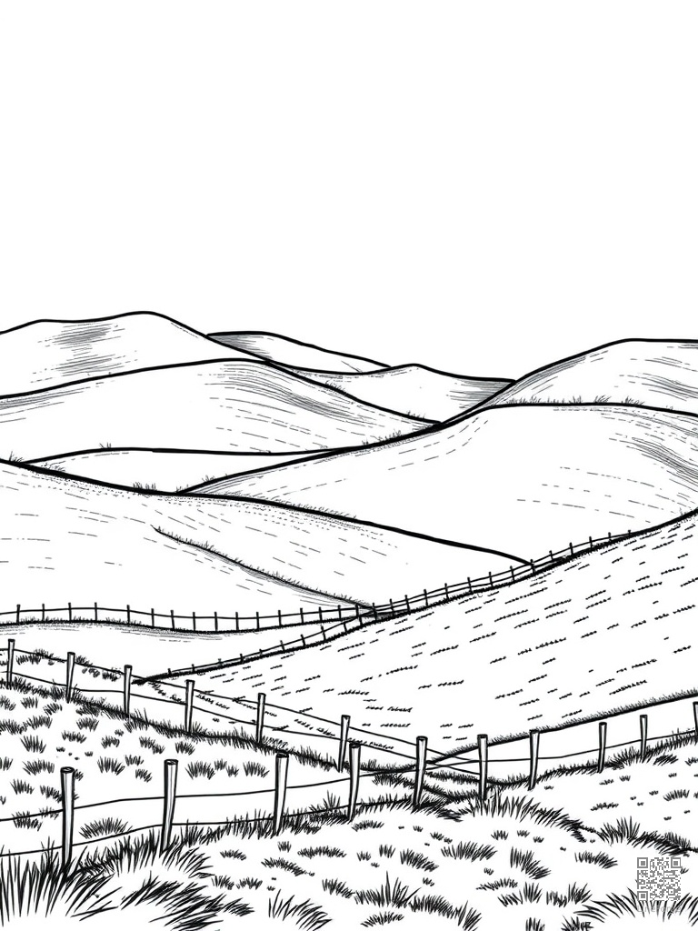 Free rolling countryside hills with stone fences coloring page in manga style — printable line art