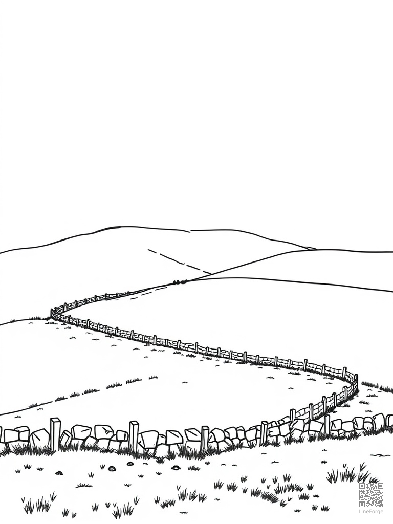 Free rolling countryside hills with stone fences coloring page in minimal style — printable line art