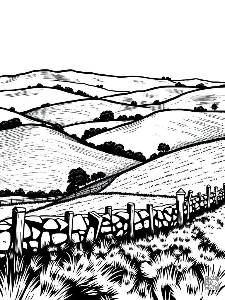 Free rolling countryside hills with stone fences coloring page in woodcut style — printable line art