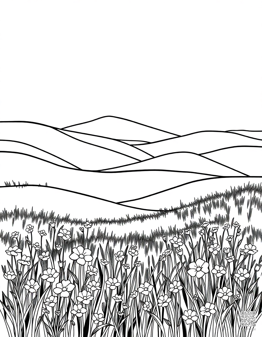 rolling hills with wildflower meadow coloring page Contour style - free printable