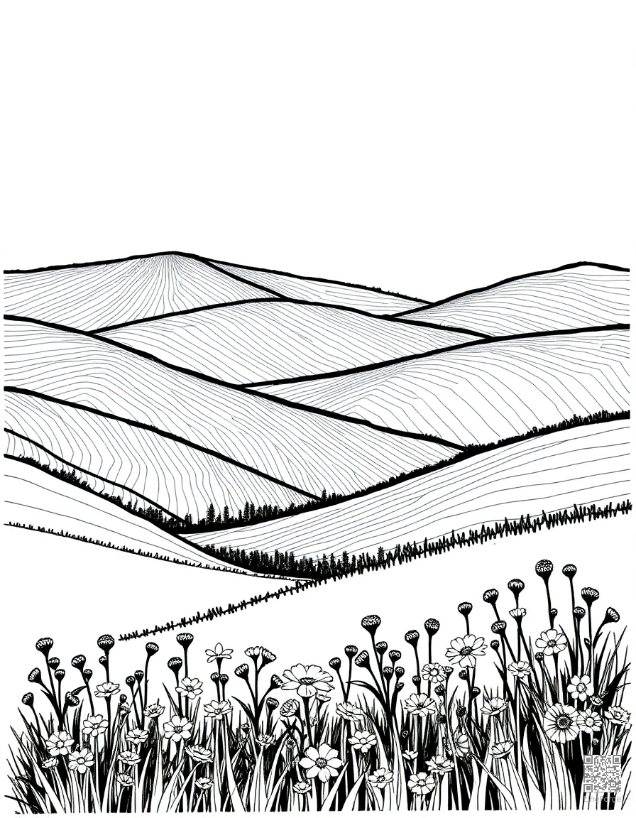 rolling hills with wildflower meadow coloring page Crosshatch style - free printable