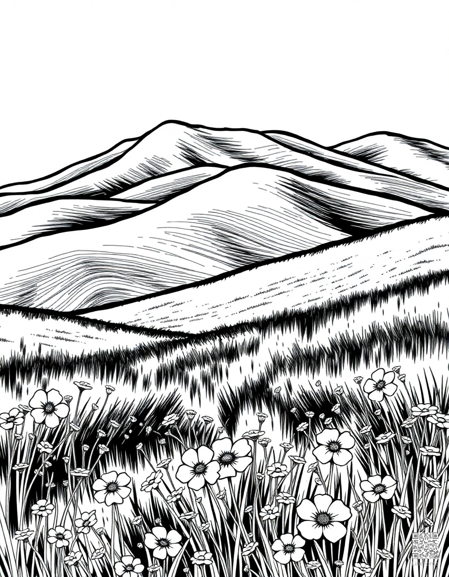 rolling hills with wildflower meadow coloring page Manga style - free printable