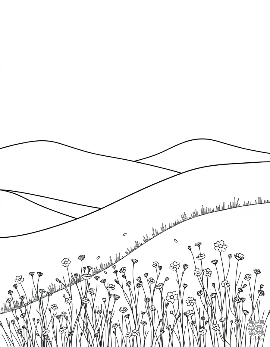 rolling hills with wildflower meadow coloring page Minimal style - free printable