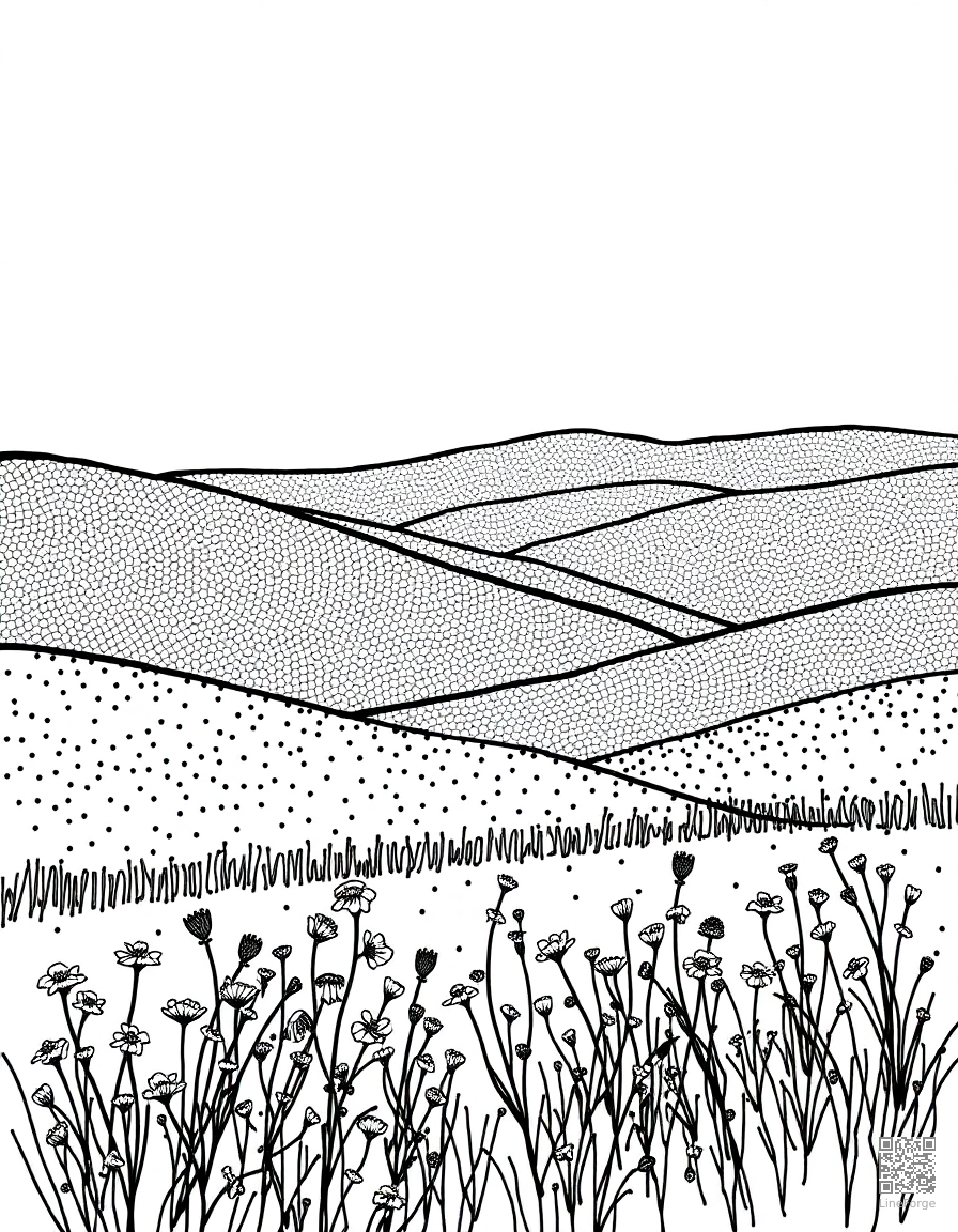 rolling hills with wildflower meadow coloring page Stipple style - free printable