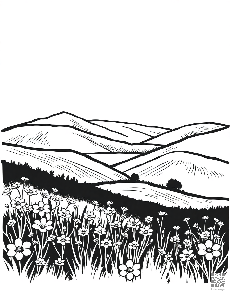 rolling hills with wildflower meadow coloring page Woodcut style - free printable