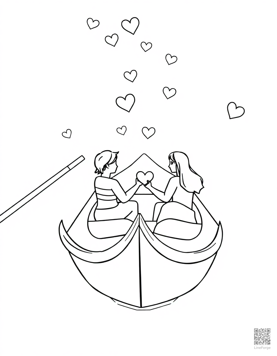 romantic gondola ride with hearts coloring page Contour style - free printable