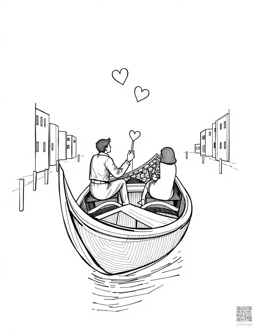 romantic gondola ride with hearts coloring page Crosshatch style - free printable