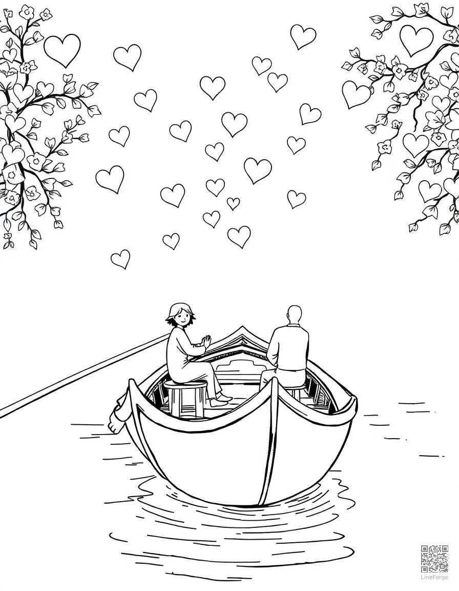 romantic gondola ride with hearts coloring page Manga style - free printable
