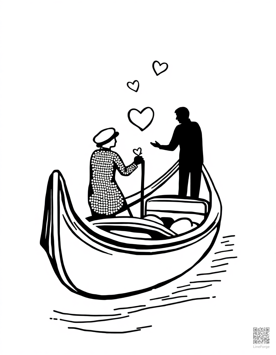 romantic gondola ride with hearts coloring page Stipple style - free printable