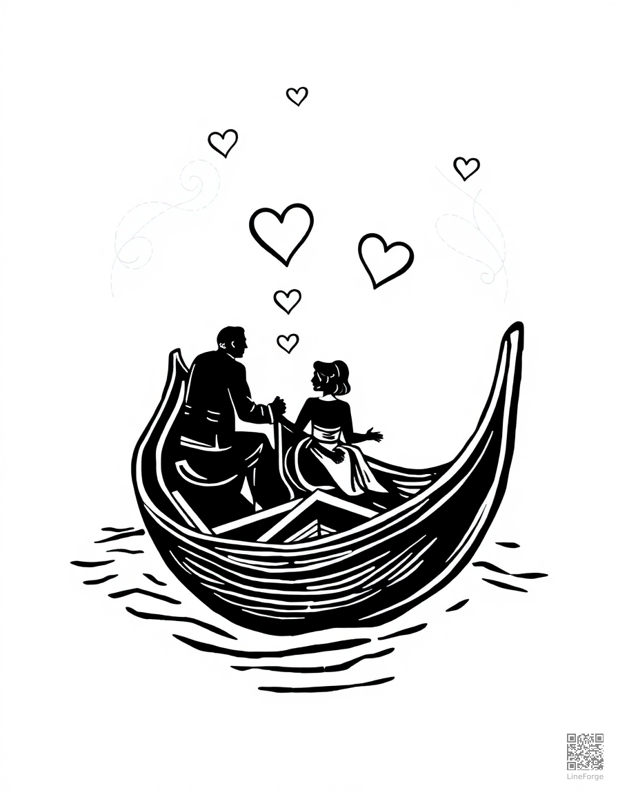 romantic gondola ride with hearts coloring page Woodcut style - free printable