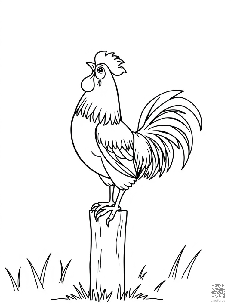 Free rooster crowing on a fence post at dawn coloring page in contour style — printable line art