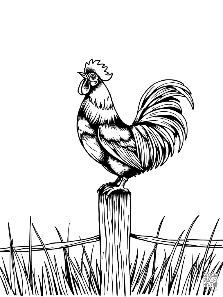 Free rooster crowing on a fence post at dawn coloring page in crosshatch style — printable line art