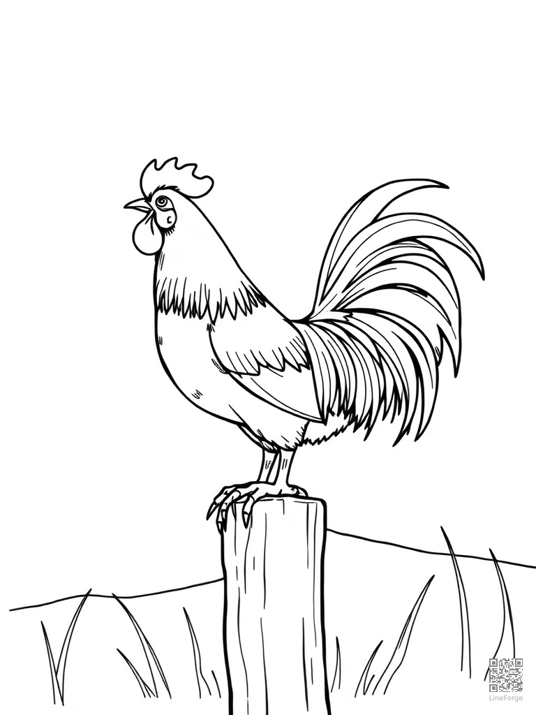Free rooster crowing on a fence post at dawn coloring page in manga style — printable line art