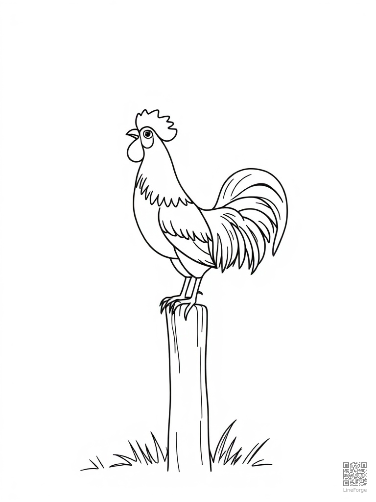 Free rooster crowing on a fence post at dawn coloring page in minimal style — printable line art