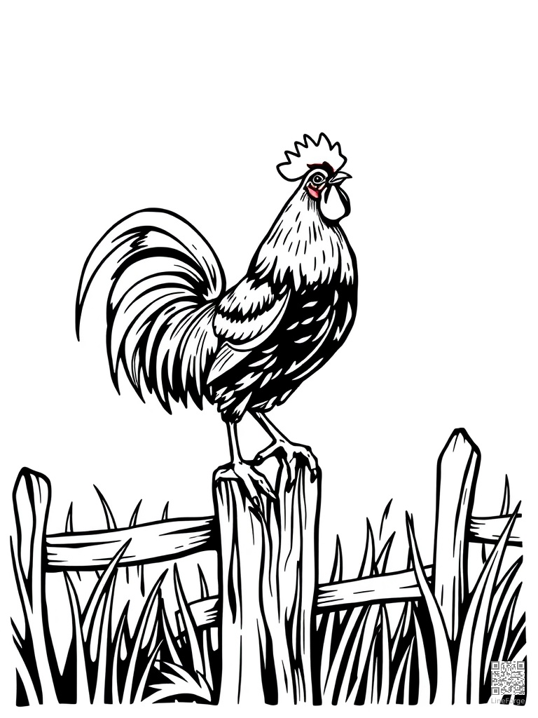 Free rooster crowing on a fence post at dawn coloring page in woodcut style — printable line art