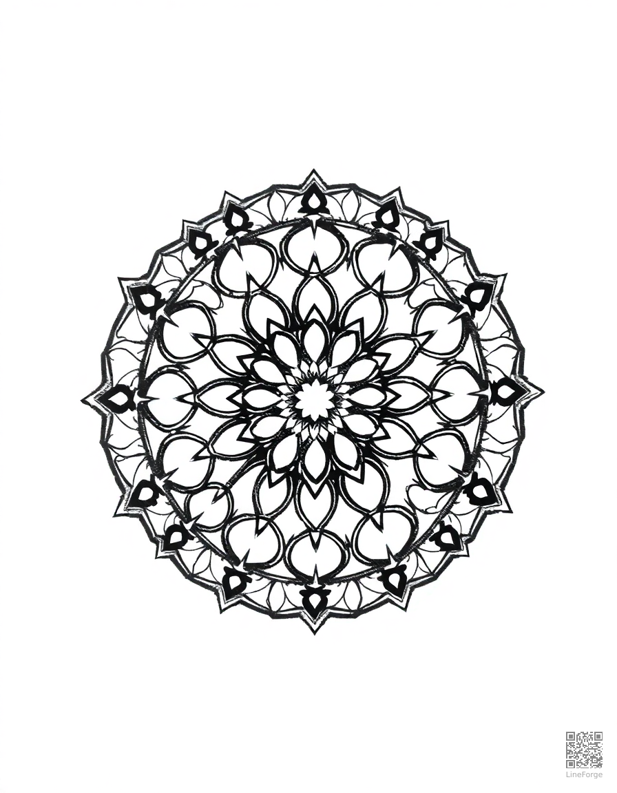 rose window cathedral mandala coloring page Crosshatch style - free printable