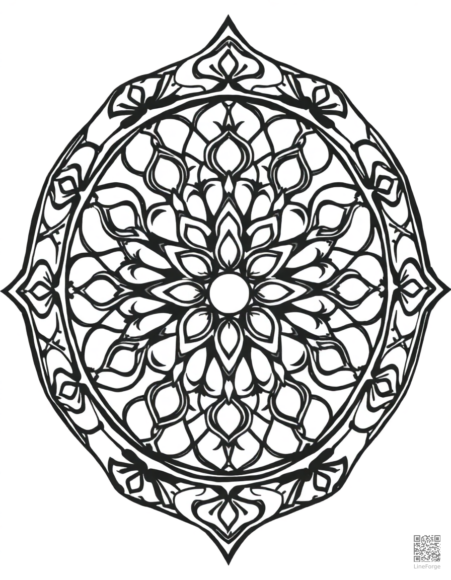 rose window cathedral mandala coloring page Woodcut style - free printable
