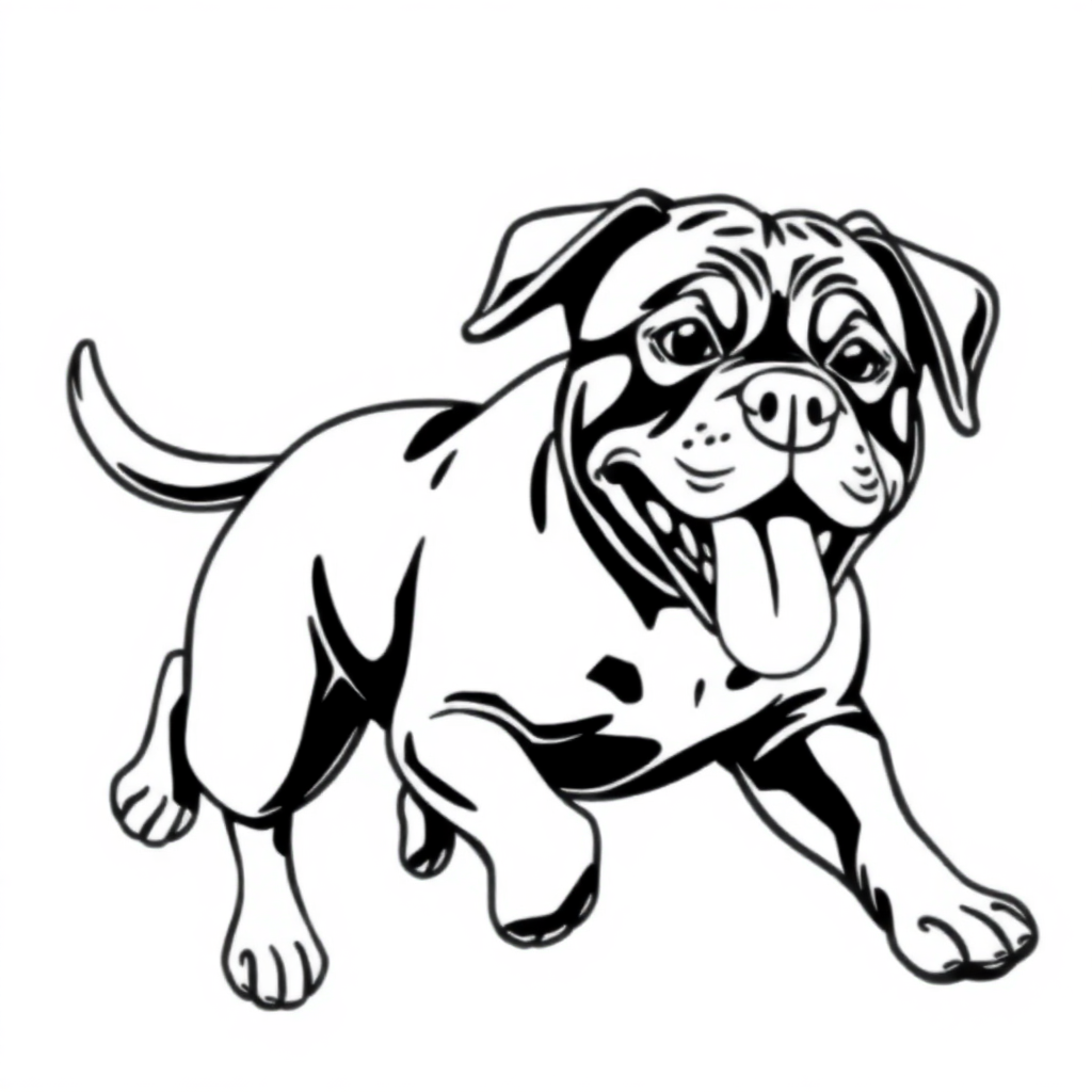 Rottweiler dog — playing and running, energetic and joyful coloring page Contour style - free printable