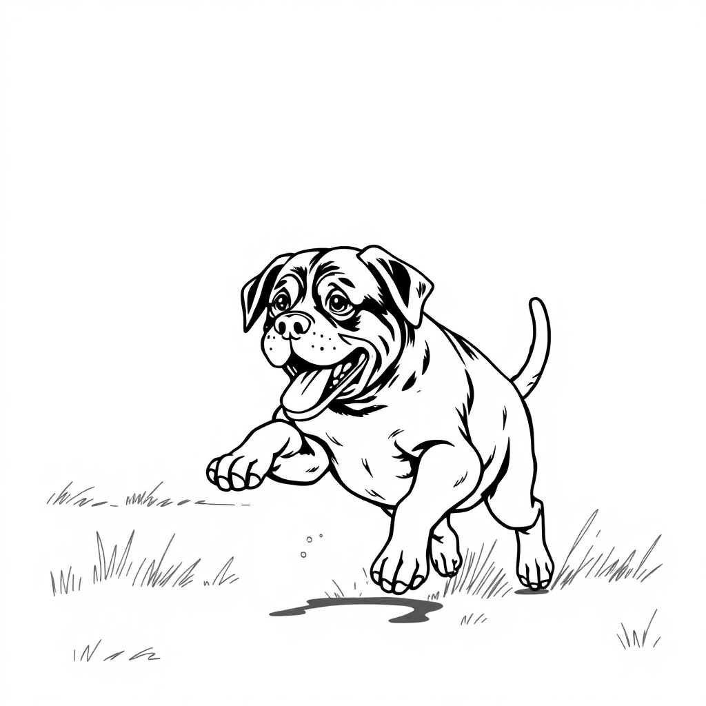 Rottweiler dog — playing and running, energetic and joyful coloring page Rockwell style free printable