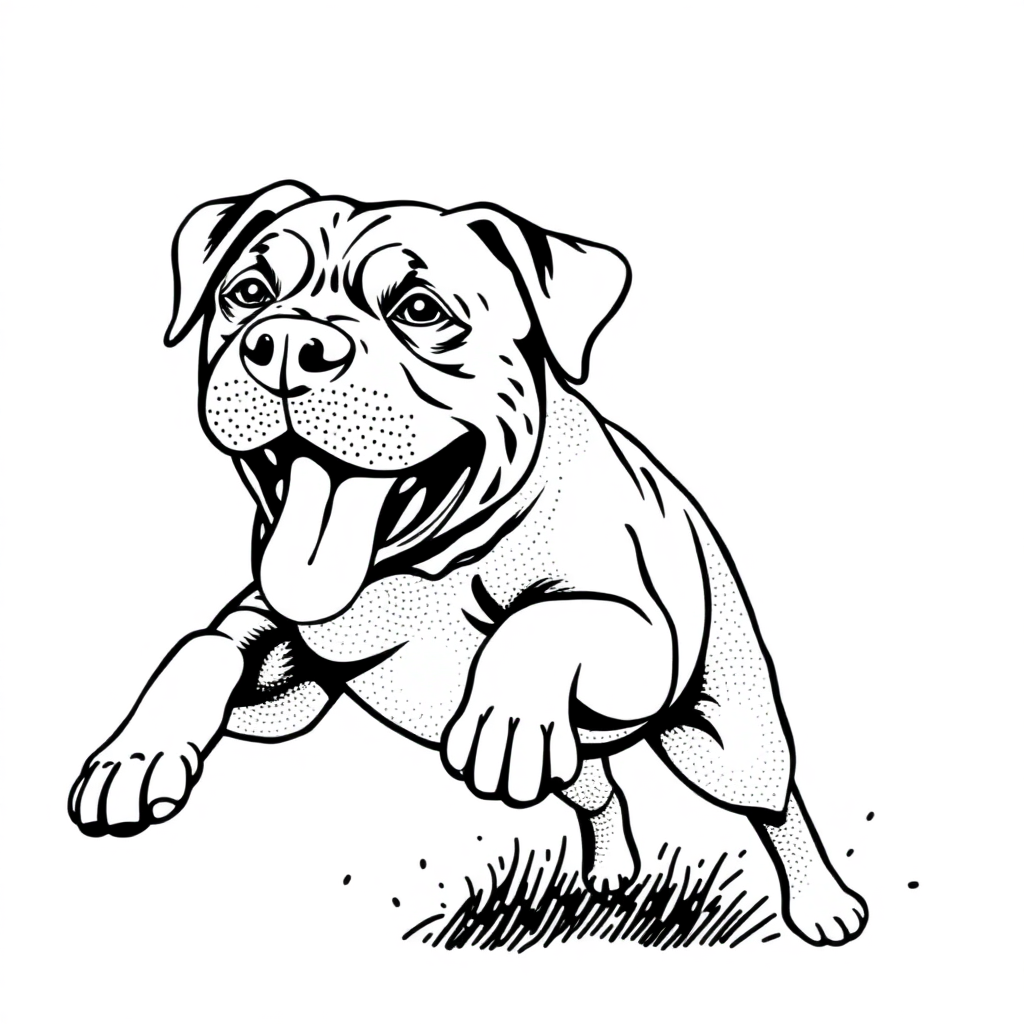 Rottweiler dog — playing and running, energetic and joyful coloring page Stipple style - free printable