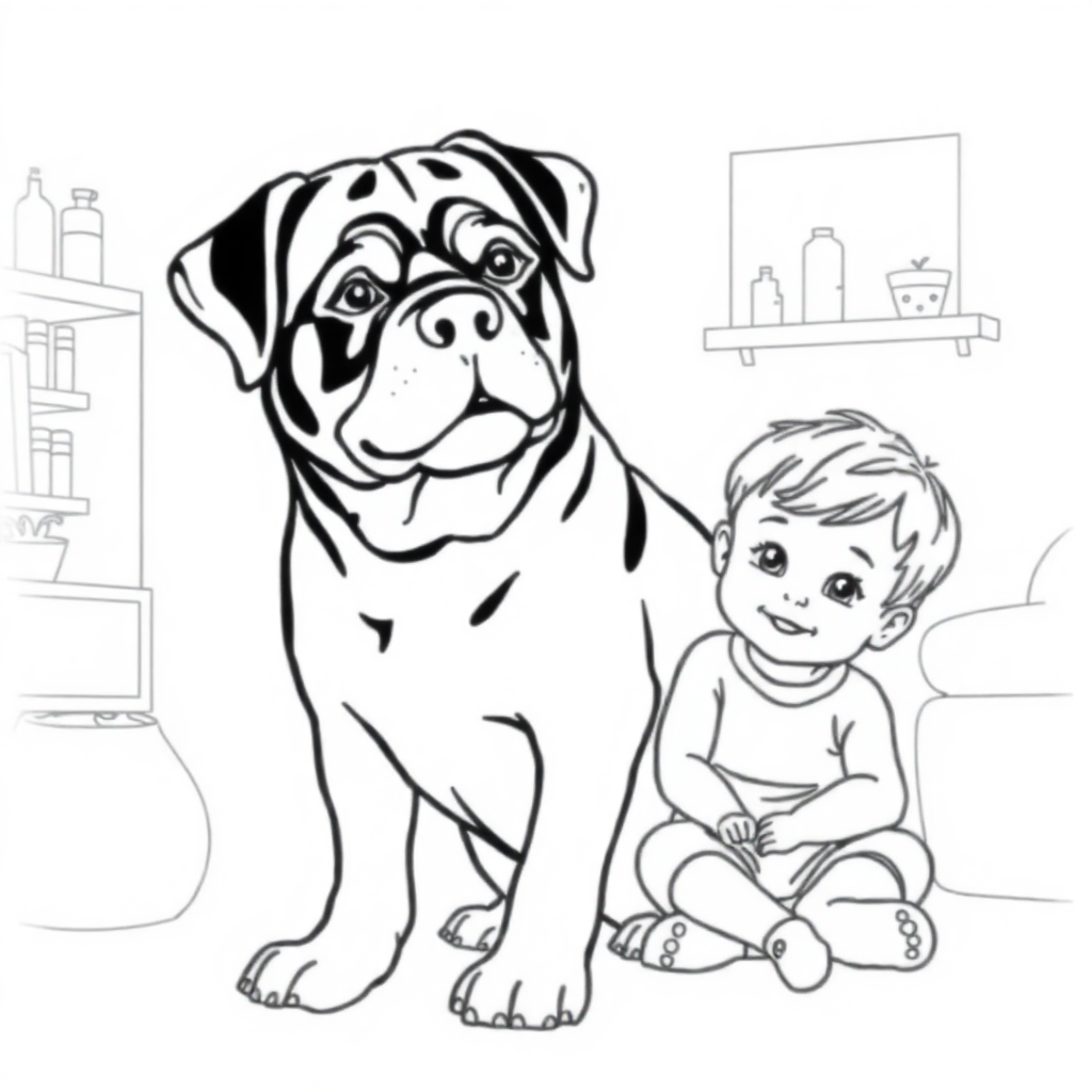 Rottweiler dog — with a young child in a cozy home setting coloring page Contour style - free printable