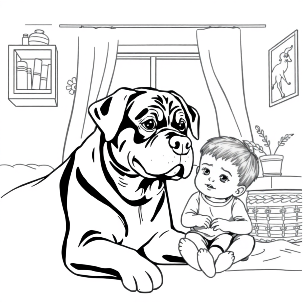Rottweiler dog — with a young child in a cozy home setting coloring page Manga style - free printable