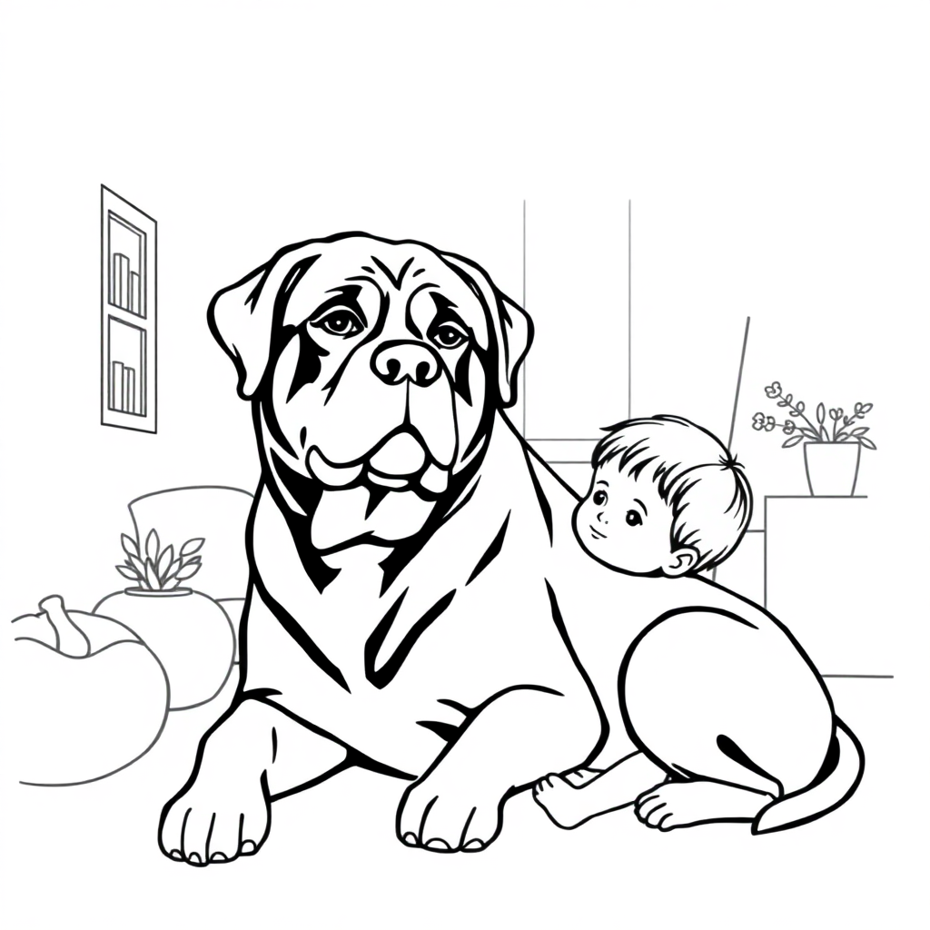 Rottweiler dog — with a young child in a cozy home setting coloring page Minimal style - free printable