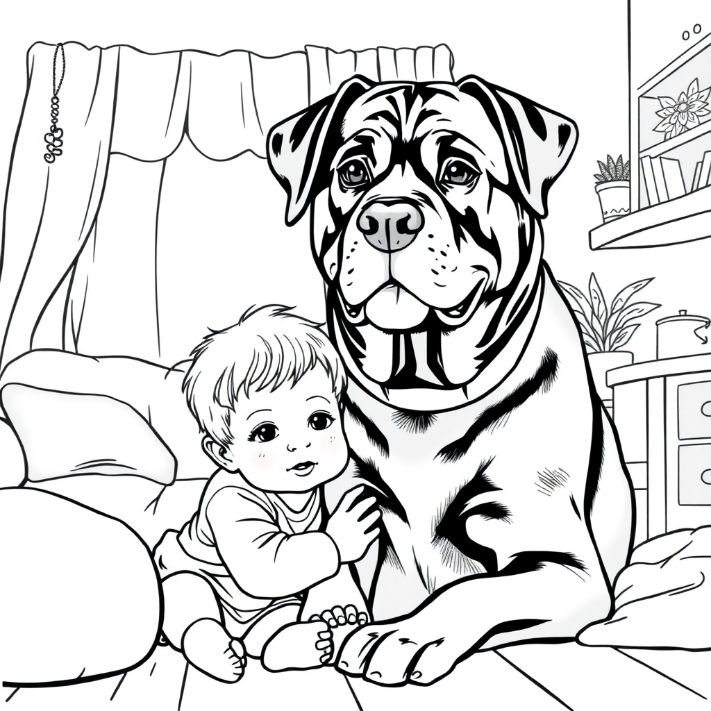 Rottweiler dog — with a young child in a cozy home setting coloring page Rockwell style free printable