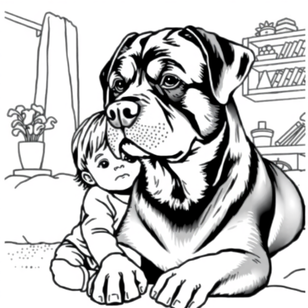 Rottweiler dog — with a young child in a cozy home setting coloring page Stipple style - free printable