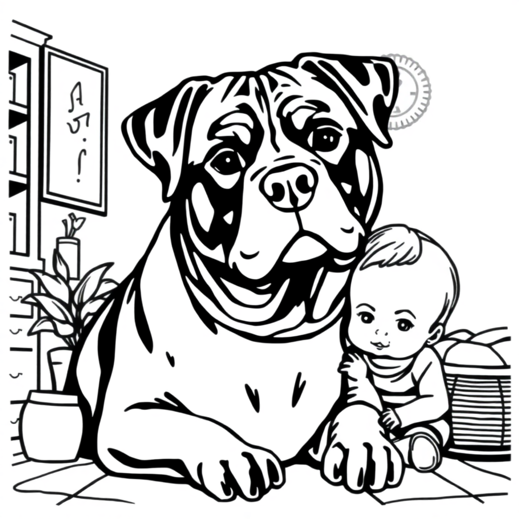 Rottweiler dog — with a young child in a cozy home setting coloring page Woodcut style - free printable