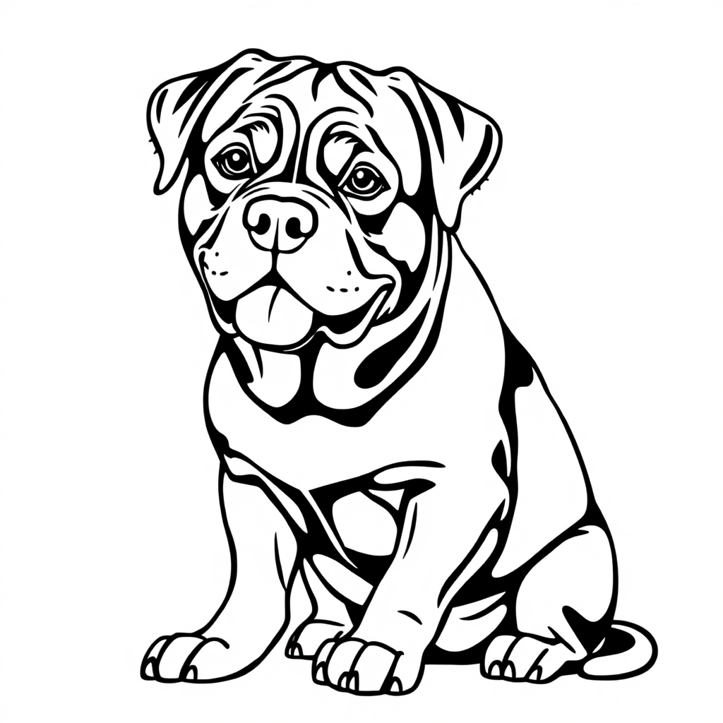 Rottweiler dog — sitting portrait, looking at viewer, friendly expression coloring page Contour style free printable