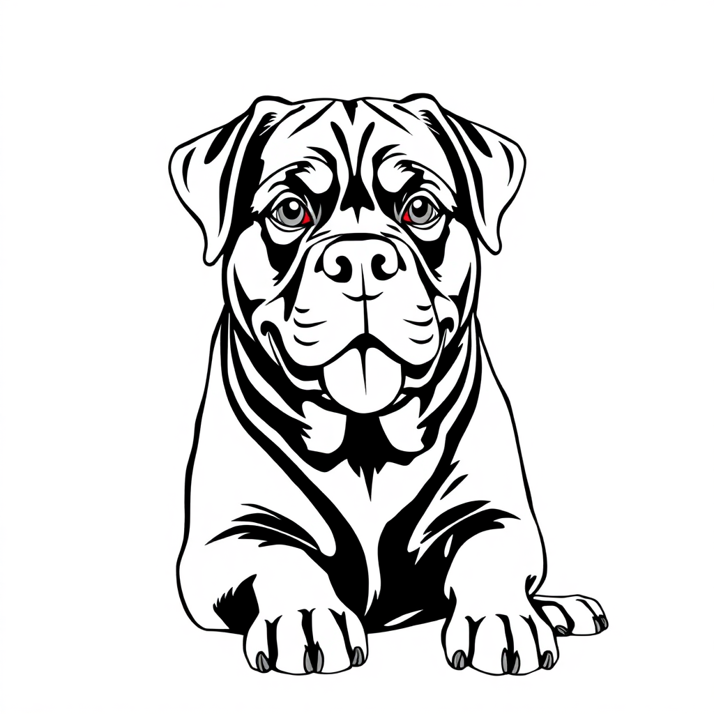 Rottweiler dog — sitting portrait, looking at viewer, friendly expression coloring page Manga style free printable