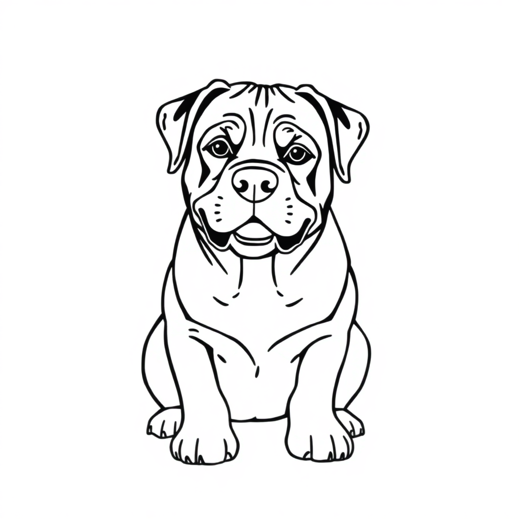 Rottweiler dog — sitting portrait, looking at viewer, friendly expression coloring page Minimal style free printable