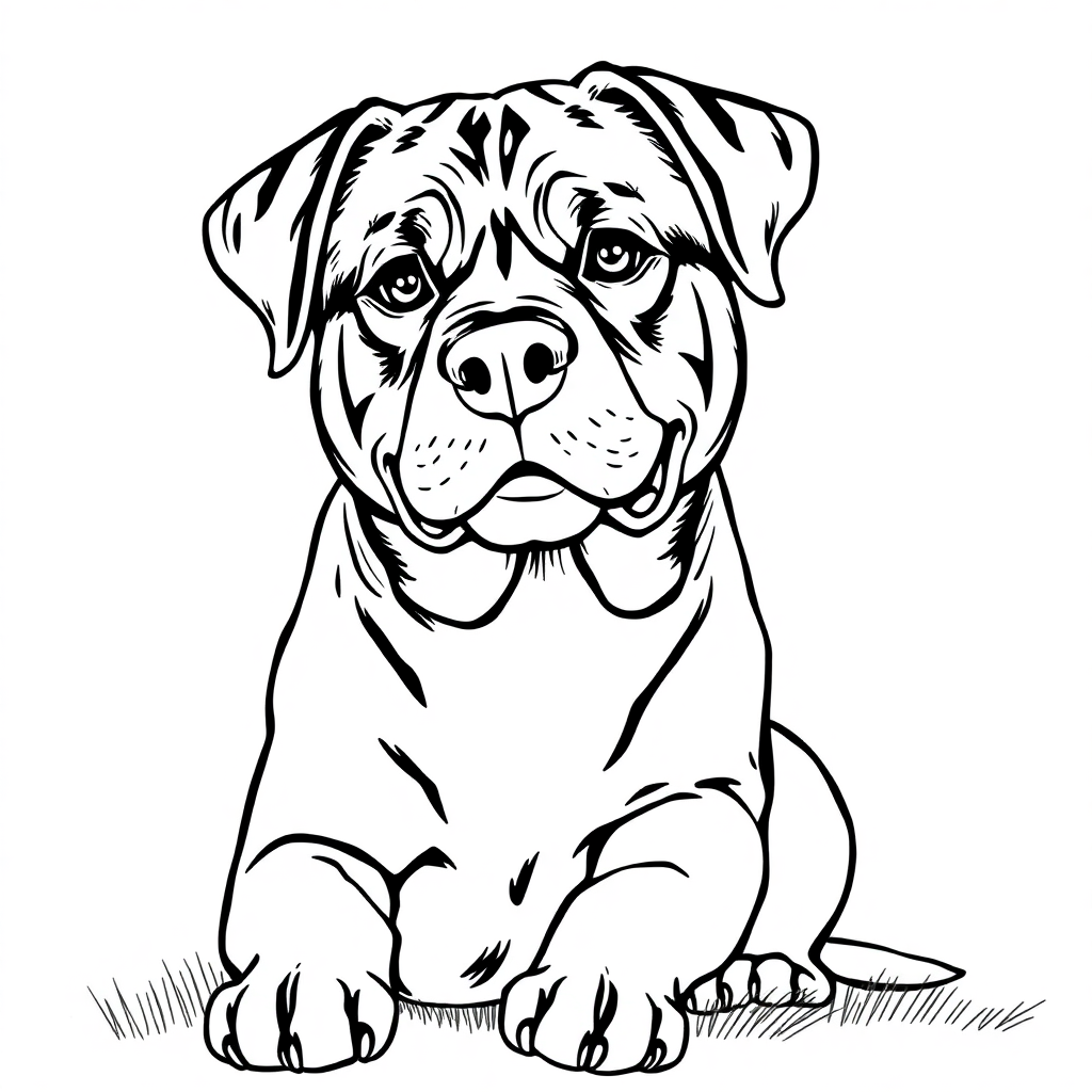Rottweiler dog — sitting portrait, looking at viewer, friendly expression coloring page Rockwell style free printable