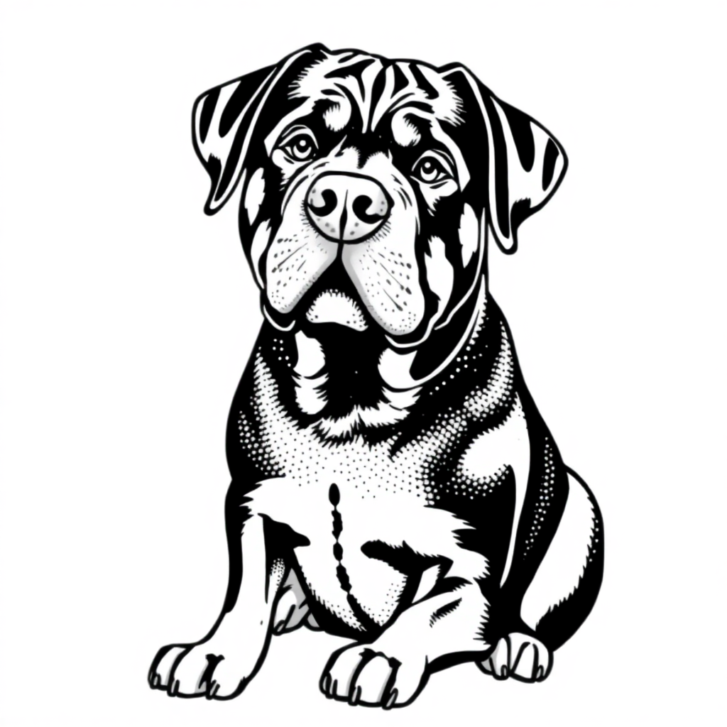 Rottweiler dog — sitting portrait, looking at viewer, friendly expression coloring page Stipple style free printable