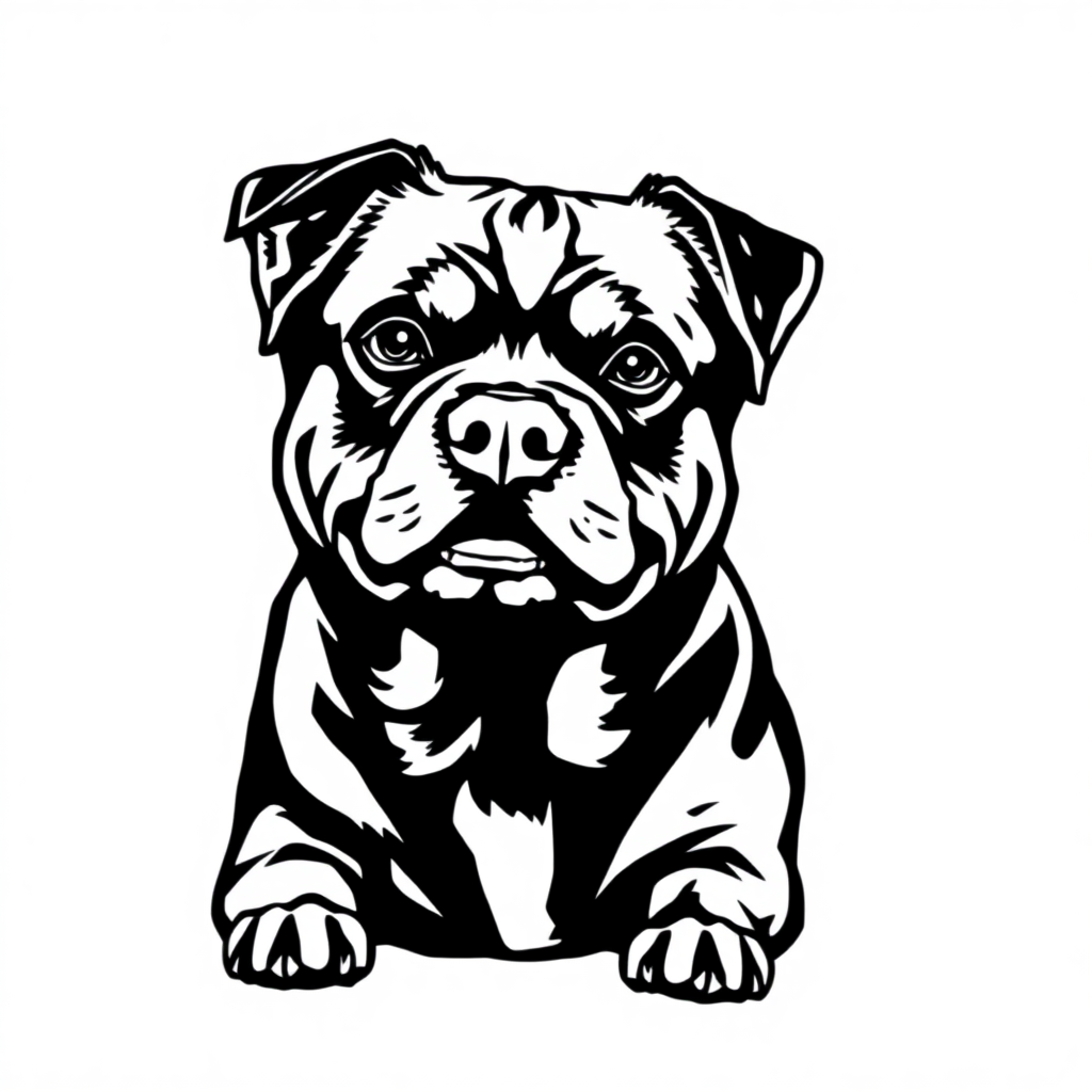 Rottweiler dog — sitting portrait, looking at viewer, friendly expression coloring page Woodcut style free printable
